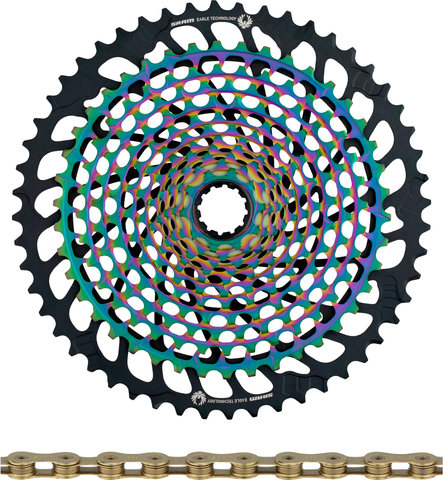 SRAM Kit d'Usure Cassette XX1 Eagle XG-1299 + Chaîne PC XX1 Eagle 12vit. - rainbow - XX1 gold/126/10-52