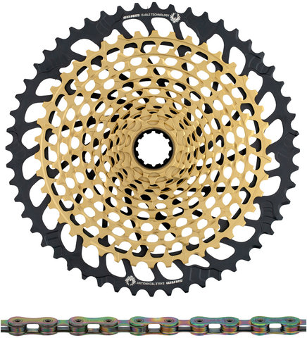 SRAM Set desgaste cassette XX1 Eagle XG-1299 + cadena PC XX1 Eagle 12 vel. - gold - XX1 rainbow/10-52