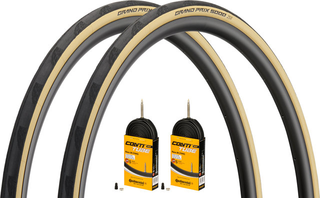 Continental Grand Prix 5000 28" Folding Tyre Set + Race 28 Tubes - black-creme/25-622 (700 x 25c) Presta 42 mm