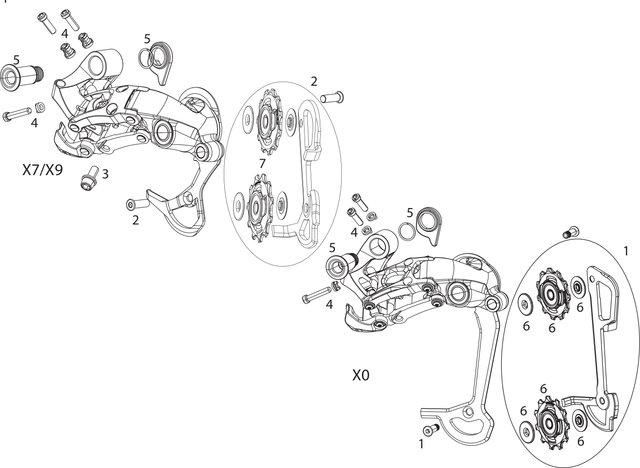 SRAM X0 / X9 / X7 Type 2/2.1 2x10 Rear Derailleur Spare Parts - 1/black, X0 long