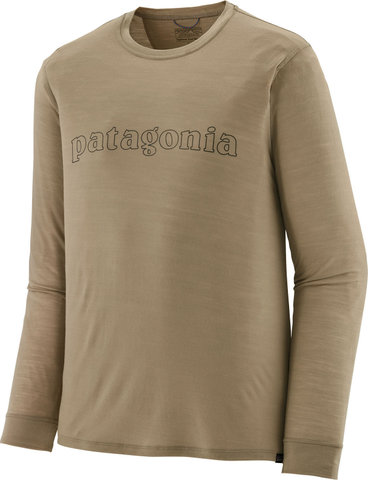 Patagonia Cap Cool Merino Graphic L/S Shirt - outline text logo-seabird grey/M