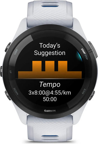 Garmin Forerunner 265 Smartwatch mit Schnellwechsel-Silikon-Armband 22 mm - weiß-schwarz