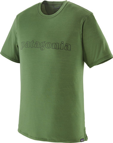 Patagonia Camiseta Capilene Cool Merino Graphic S/S Shirt - outline text logo-terrain green | L