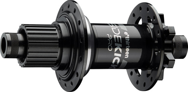 e*thirteen Buje trasero Sidekick Pro Disc 6 agujeros Boost - black-sterling silver | 28 | Shimano Micro Spline | 12 mm Eje Pasante