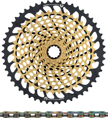 SRAM Kit d'Usure Cassette XX1 Eagle XG-1299 + Chaîne PC XX1 Eagle 12vit. - gold - XX1 rainbow/126/10-52