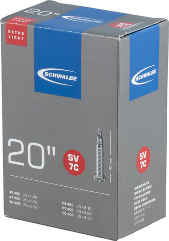 Schwalbe Cámara de aire 7C Extralight para 20" - negro/40-406 a 60-406/Válvula Presta (SV)/20x1.5-2.35 Presta/40 